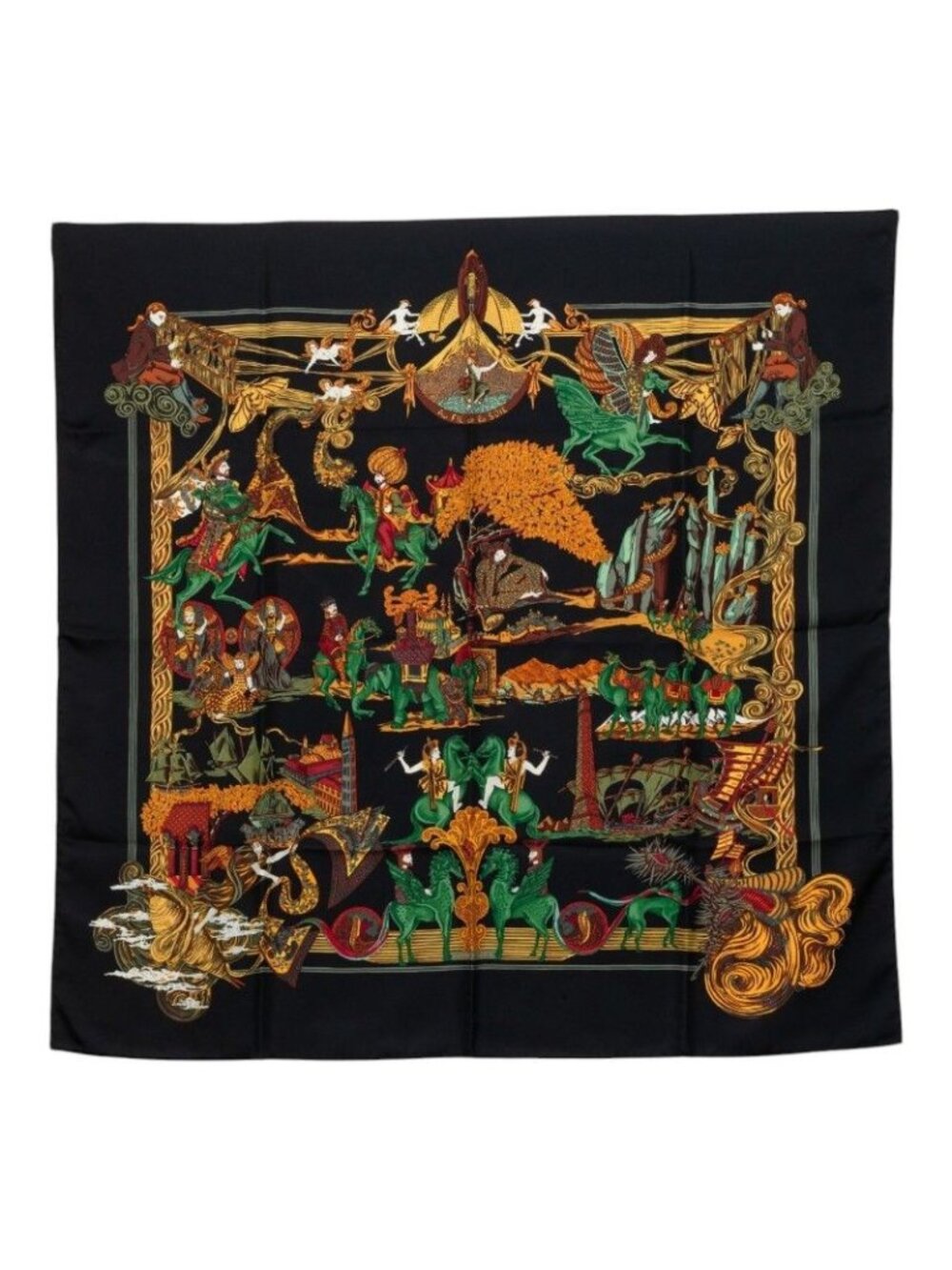 Hermes Carre 90 Au Fil de la Soie As the Silk Goes Scarf Black Multicolor